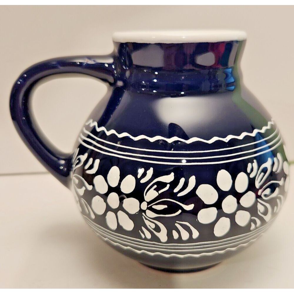 Small Blue‎ & White Hand Painted Signed Pottery Jug w/ Handle Talavera Style